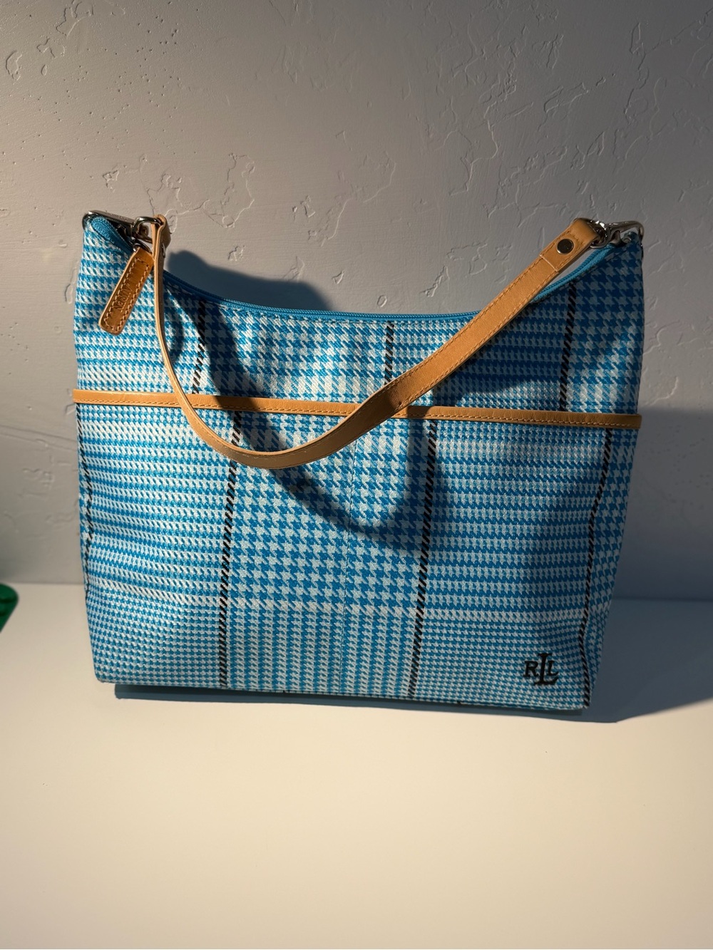 Ralph Lauren Houndstooth Shoulder Bag Vintage Plaid Fabric Purse with Leather - Picture 5 of 12